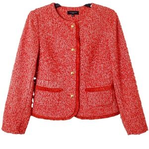 Talbots Petites Red White Tweed Fringe Blazer Jacket Gold Buttons 10P Wool Blend